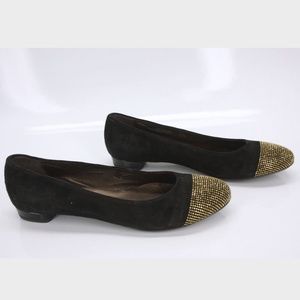 AGL Sparkle Black Suede and Gold Crystal Toe Ballet Flats